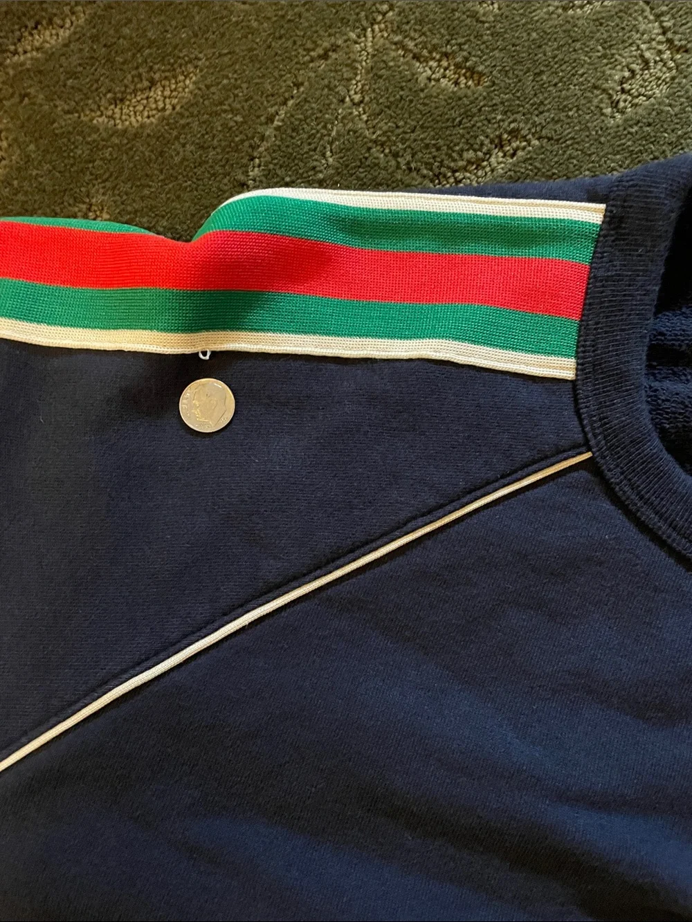 Gucci Navy Crewneck Sweatshirt with Red and Green Sleeve Stripes Size XL